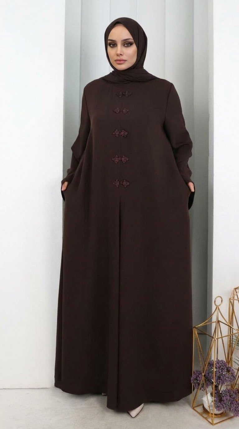 Çin Düğme Detaylı Şallı Elbise 7013