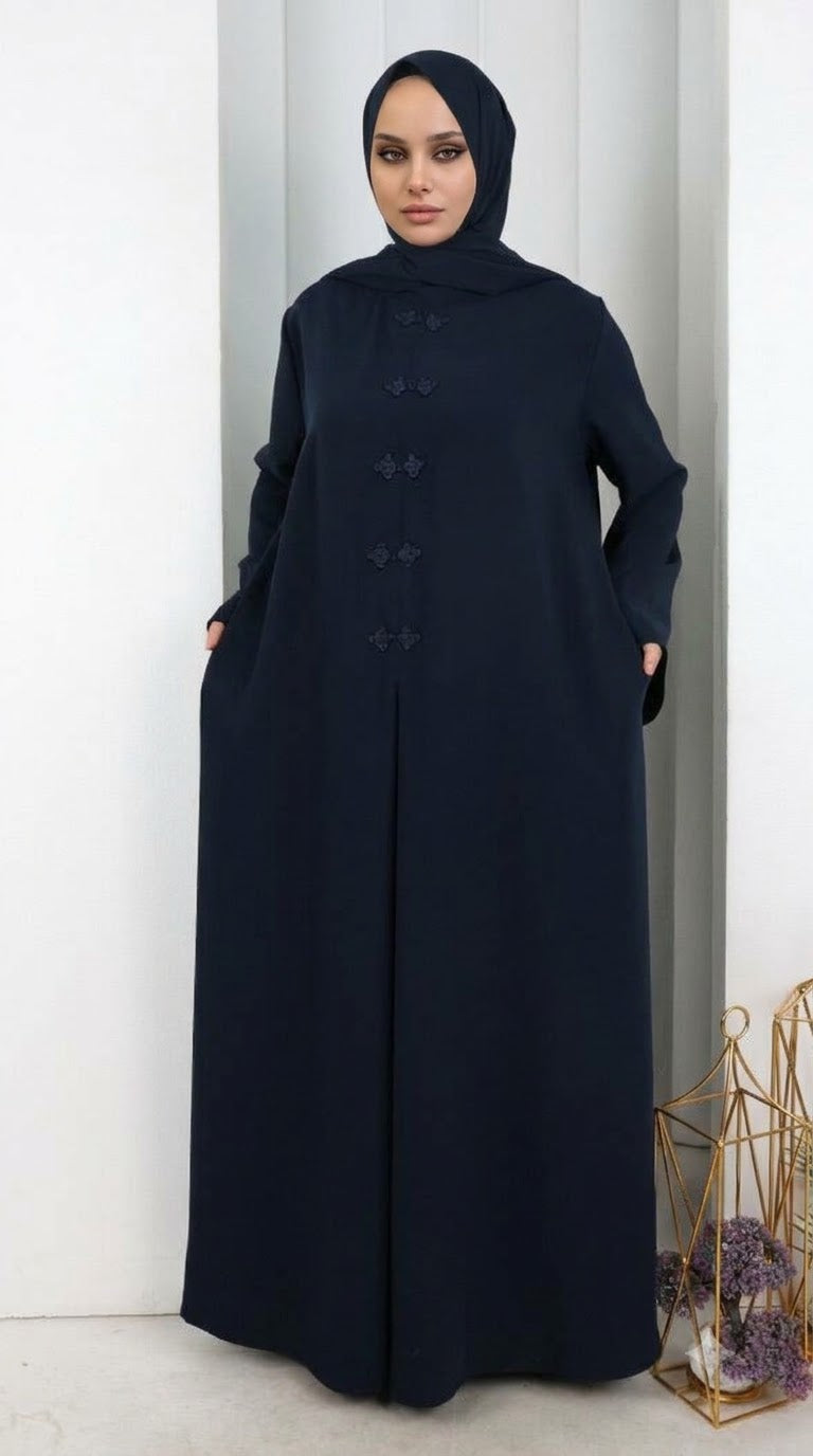 Çin Düğme Detaylı Şallı Elbise 7013